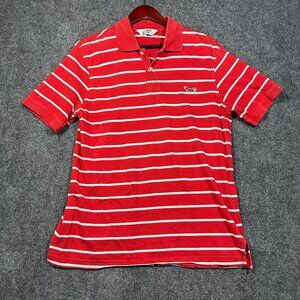 Vintage Retro Fox Polo Shirt Mens Large Red White Cotton Stripe Short Sleeve
